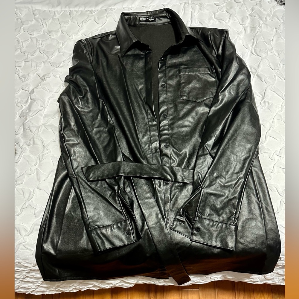 Black leather button up dress with tie belt from SHEIN. Size large
